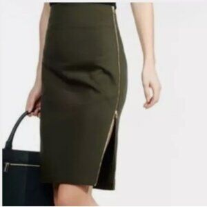Express Olive Green Pencil Skirt with Gold Zipper
